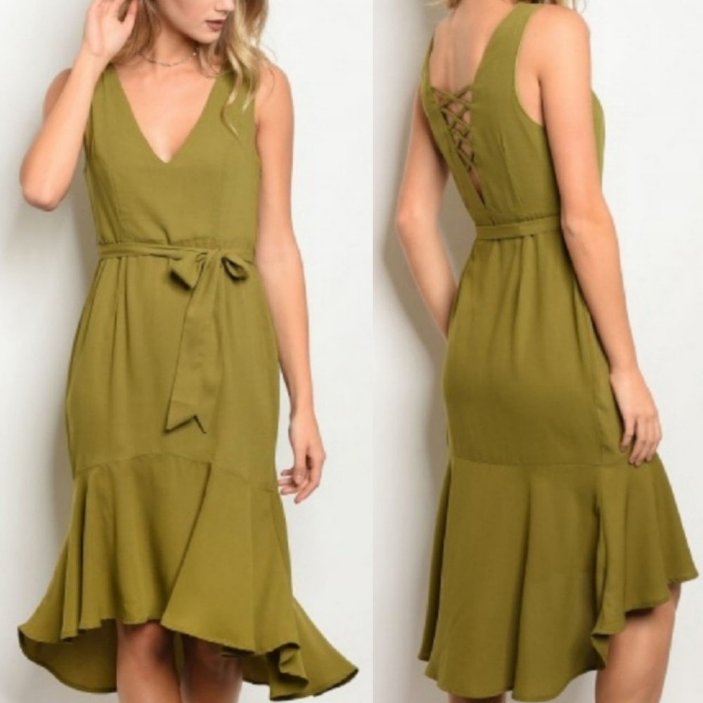 Sleeveless v-neckline Olive ruffle Peplum hem dres